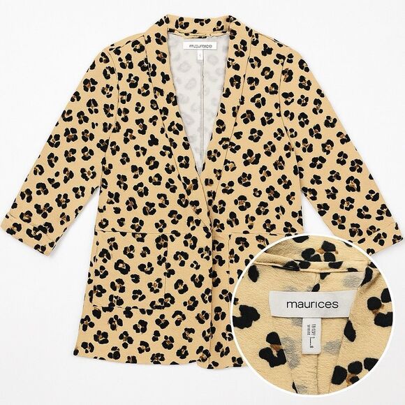 Maurices Leopard Print Blazer L – Longline Open Front Business Casual Jacket - Picture 1 of 3